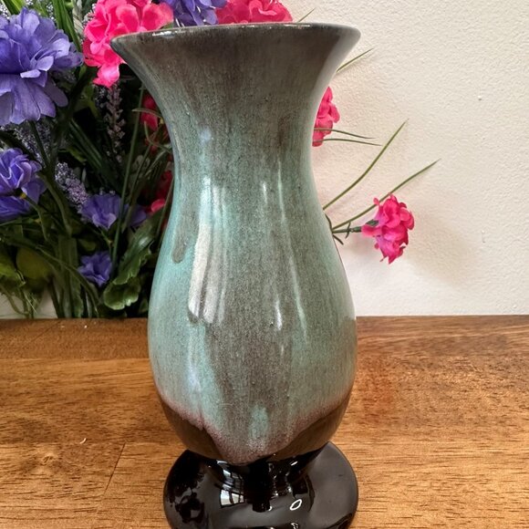 Vintage Green and Brown Drip Glaze Pedestal Vase Marked 569 Art Pottery - Picture 5 of 7